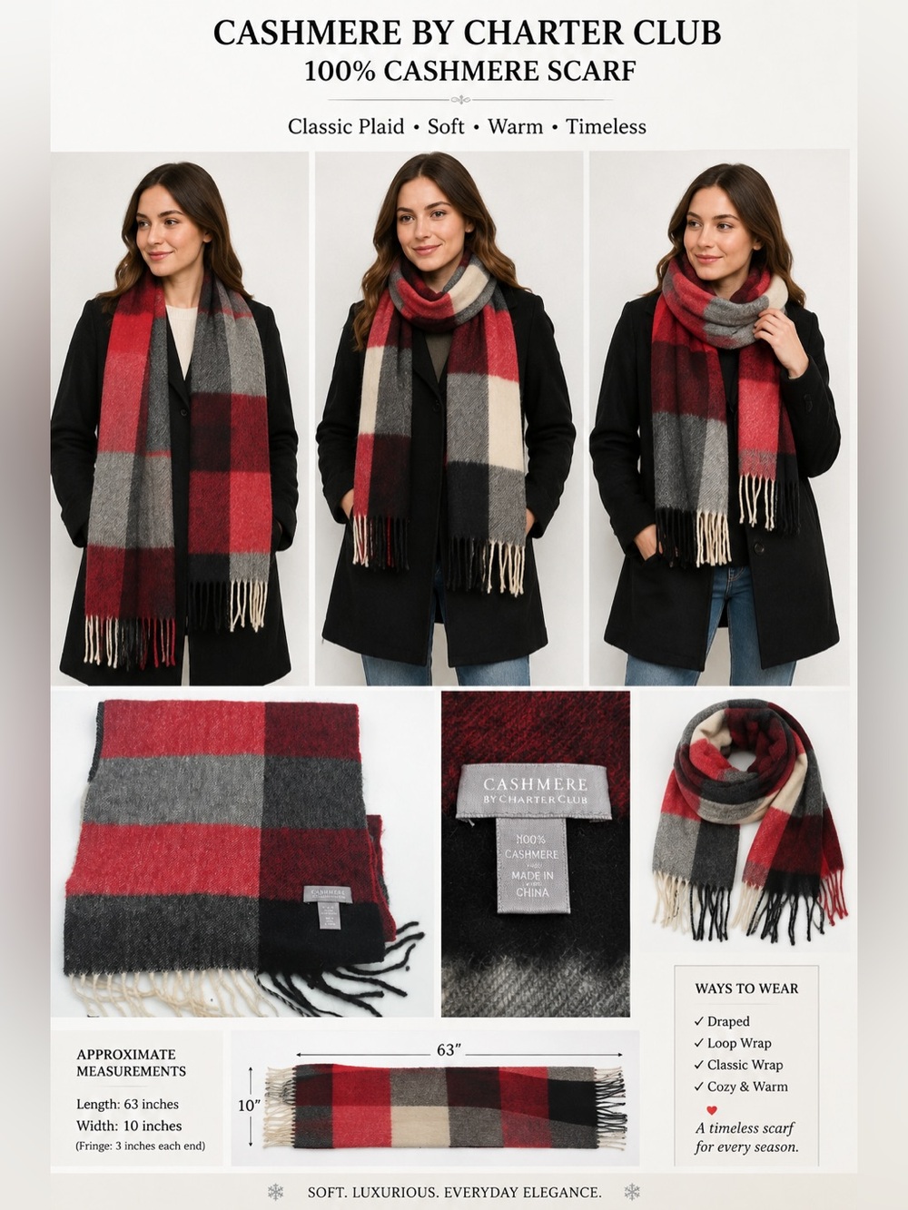 Charter Club 100% Cashmere Scarf Red Gray Black Plaid Fringe 63"